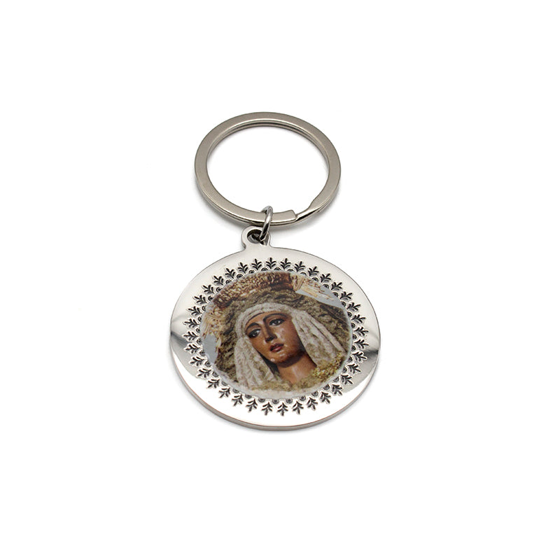 Llavero religioso de acero inoxidable con imagen de la Virgen de la Esperanza de Triana