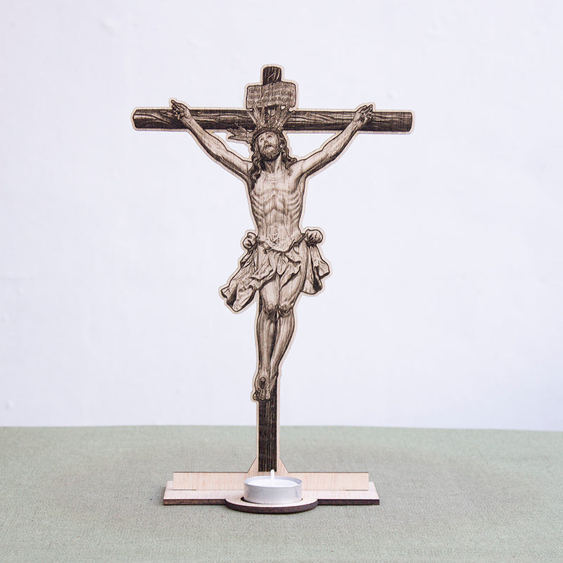 Pequeño altar del Santísimo Cristo de la Expiración El Cachorro en madera grabada con hueco para vela de té.