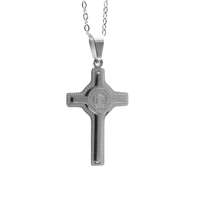 COLGANTE CRUZ CRISTIANA CON CRUZ DE SAN BENITO GRABADA