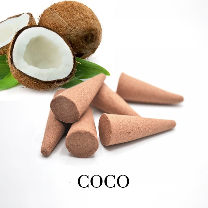 Conos de incienso de coco artesanal para limpieza energética y relajación, aroma dulce y tropical.