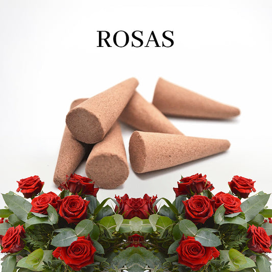 Incienso en cono de rosas artesanal, aroma floral para atraer amor y armonía espiritual.