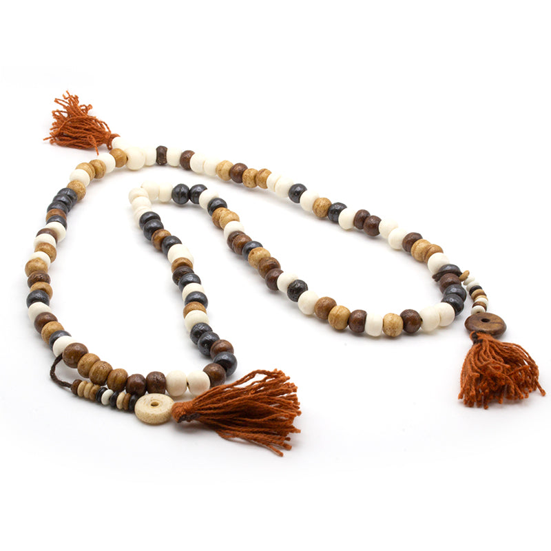 Japa Mala Budista de 108 Cuentas en Madera con Tres Borlones, Alta Calidad y Ritualizado para Meditación y Protección Espiritual