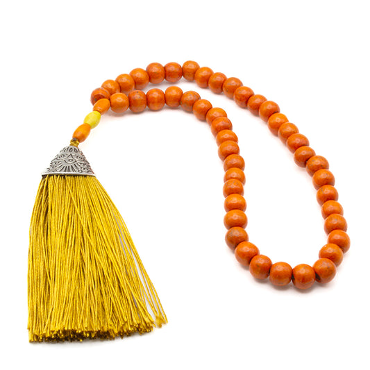 Mala de 45 cuentas de madera naranja con borlón dorado, accesorio espiritual para meditación y protección