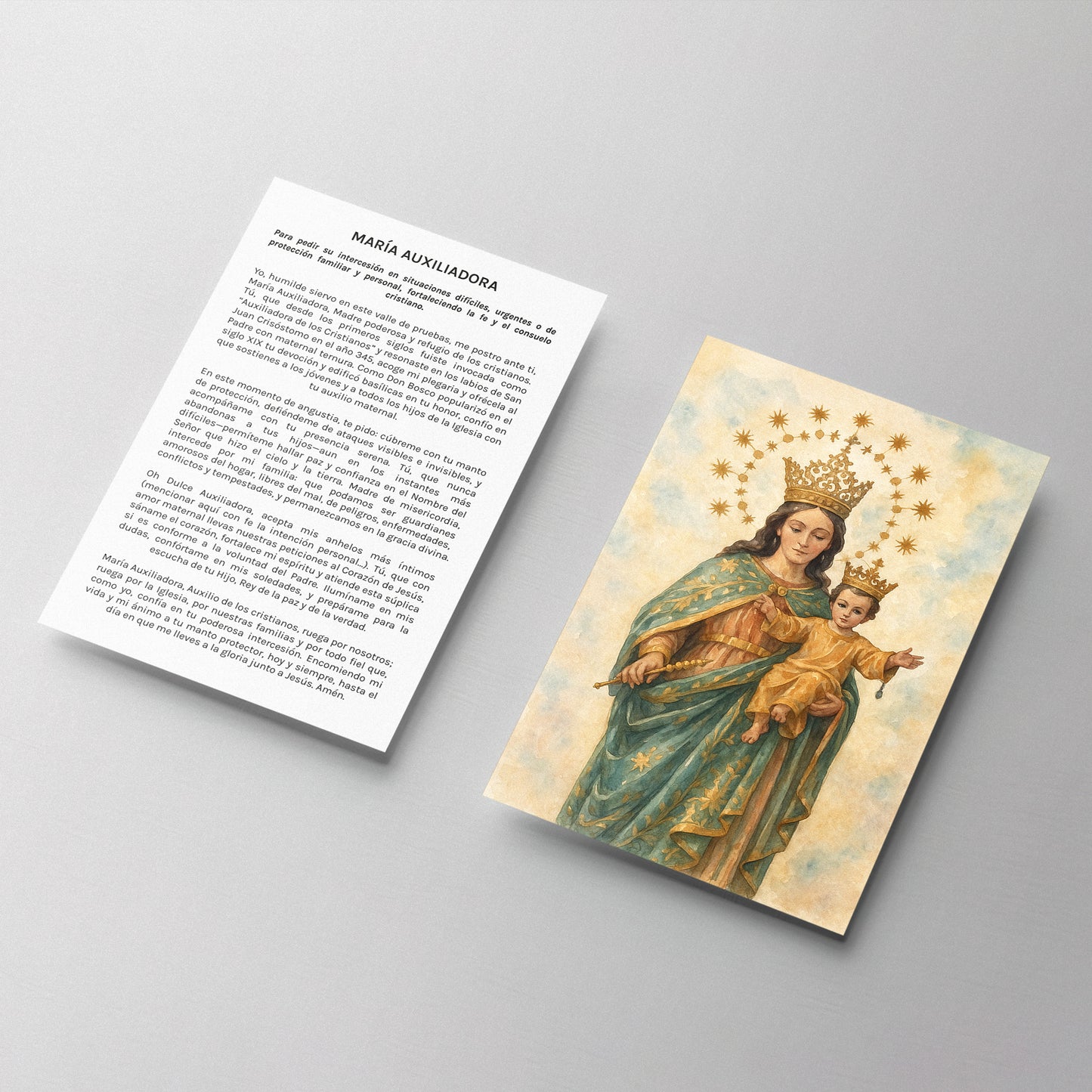 Estampa devocional de María Auxiliadora para protección familiar, ayuda urgente y consuelo cristiano