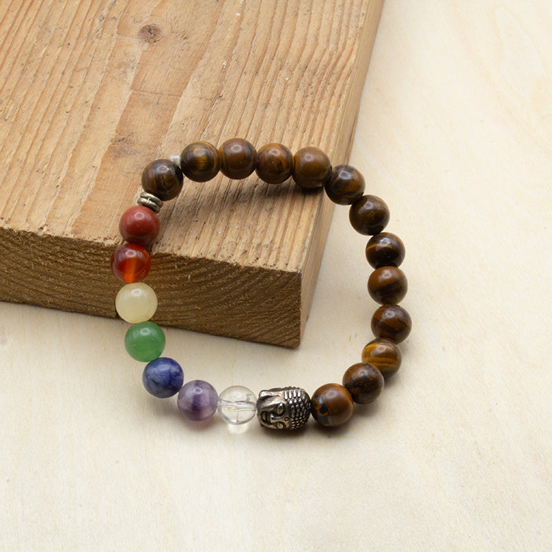 Pulsera de los 7 chakras con ojo de tigre. Equilibrio energético, protección y bienestar espiritual. Ideal para meditación y uso diario. ¡Cómprala ahora!