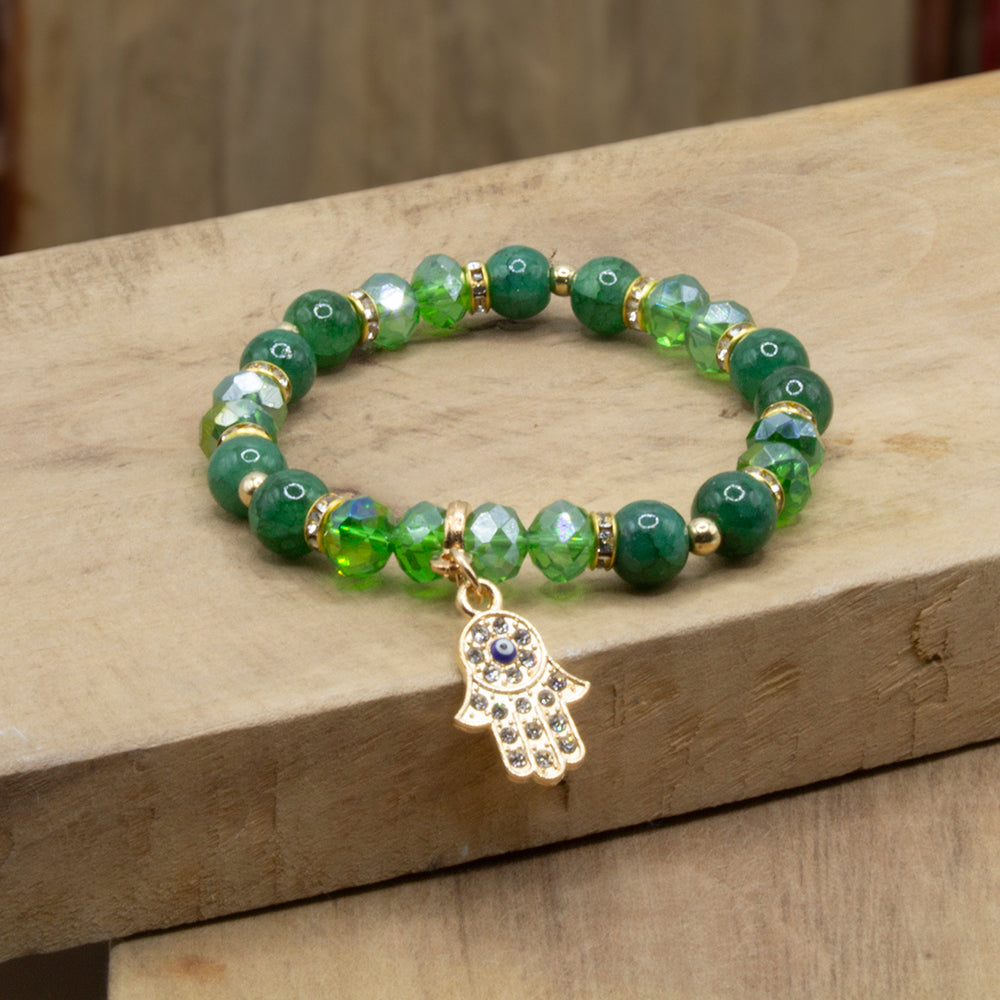 PULSERA DE ÁGATA VERDE, MANO DE FÁTIMA Y OJO TURCO