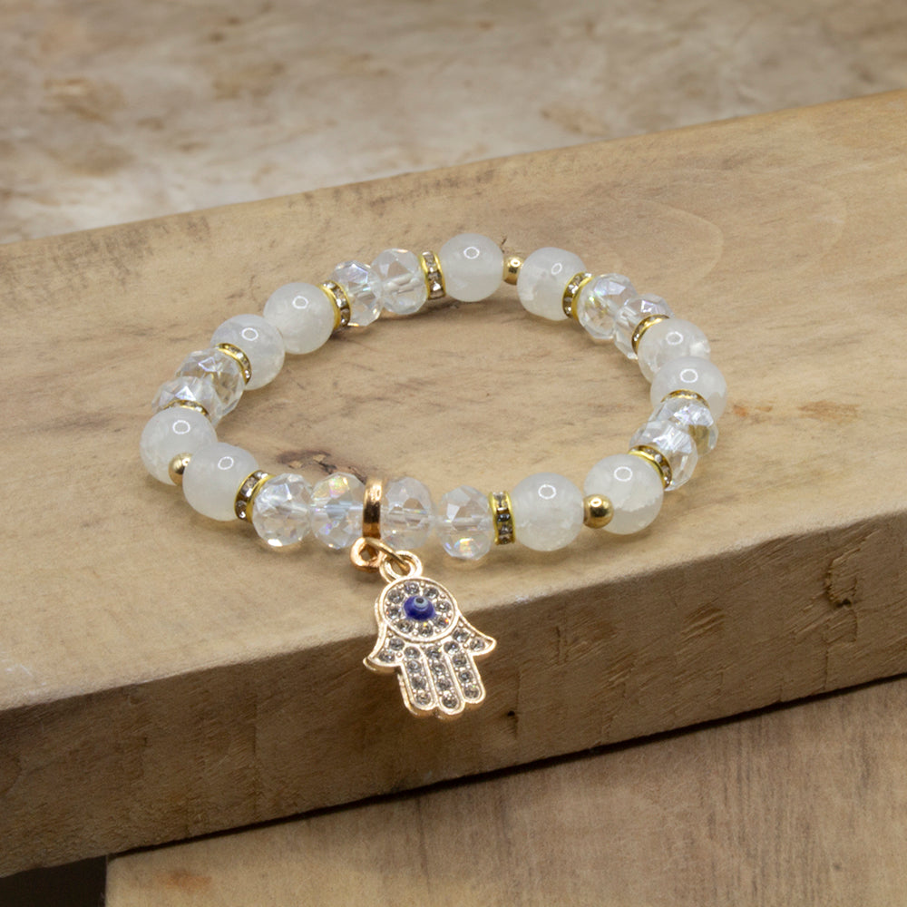 PULSERA DE ÁGATA BLANCA, MANO DE FÁTIMA Y OJO TURCO