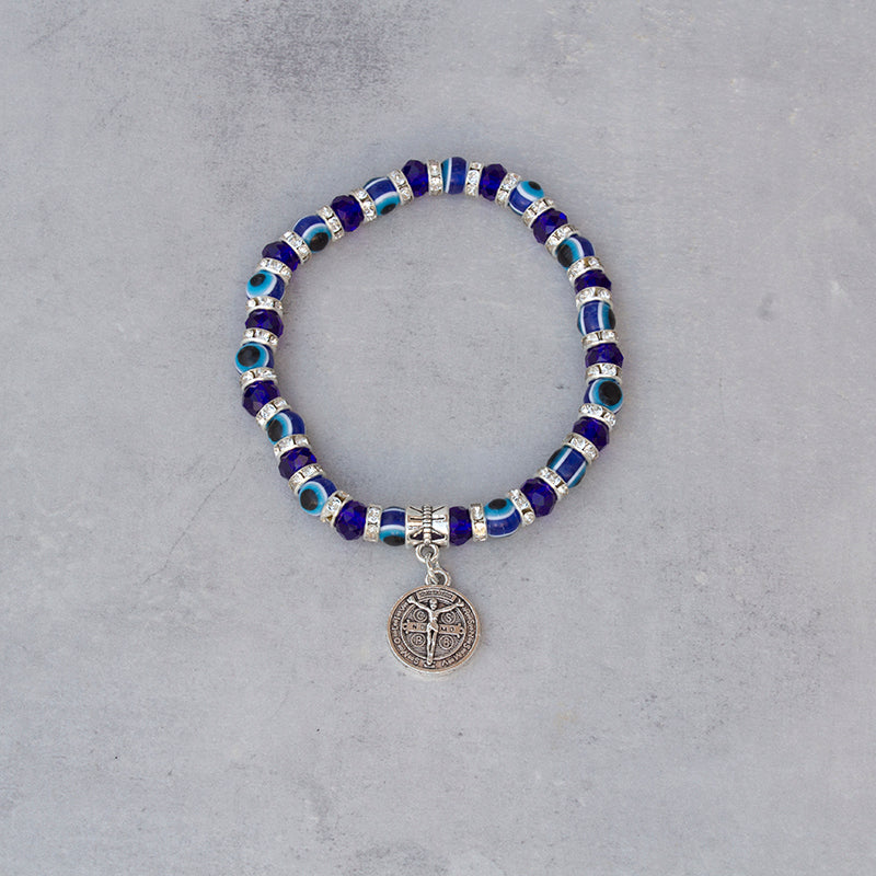 PULSERA OJO TURCO CON AMULETO CRUZ DE SAN BENITO – PROTECCIÓN CONTRA EL MAL, LAS TENTACIONES, LAS ENFERMEDADES Y LAS INFLUENCIAS NEGATIVAS