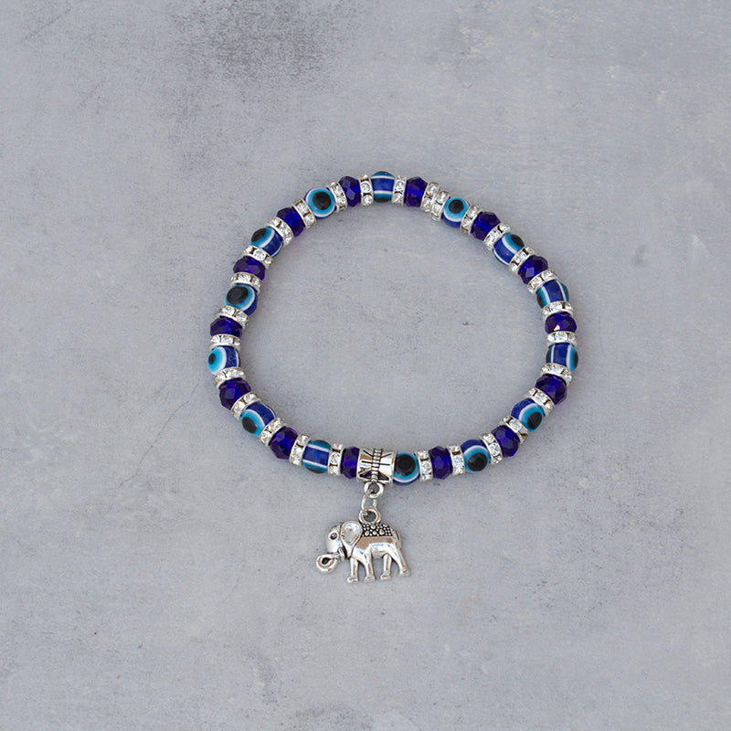 Pulsera ojo turco con amuleto elefante en acero – protección y buena suerte