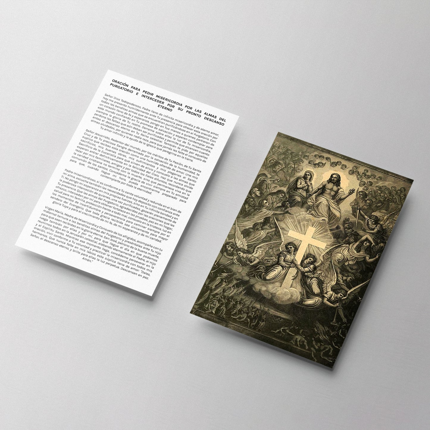Estampa del Purgatorio católica con oración a las Ánimas Benditas.
