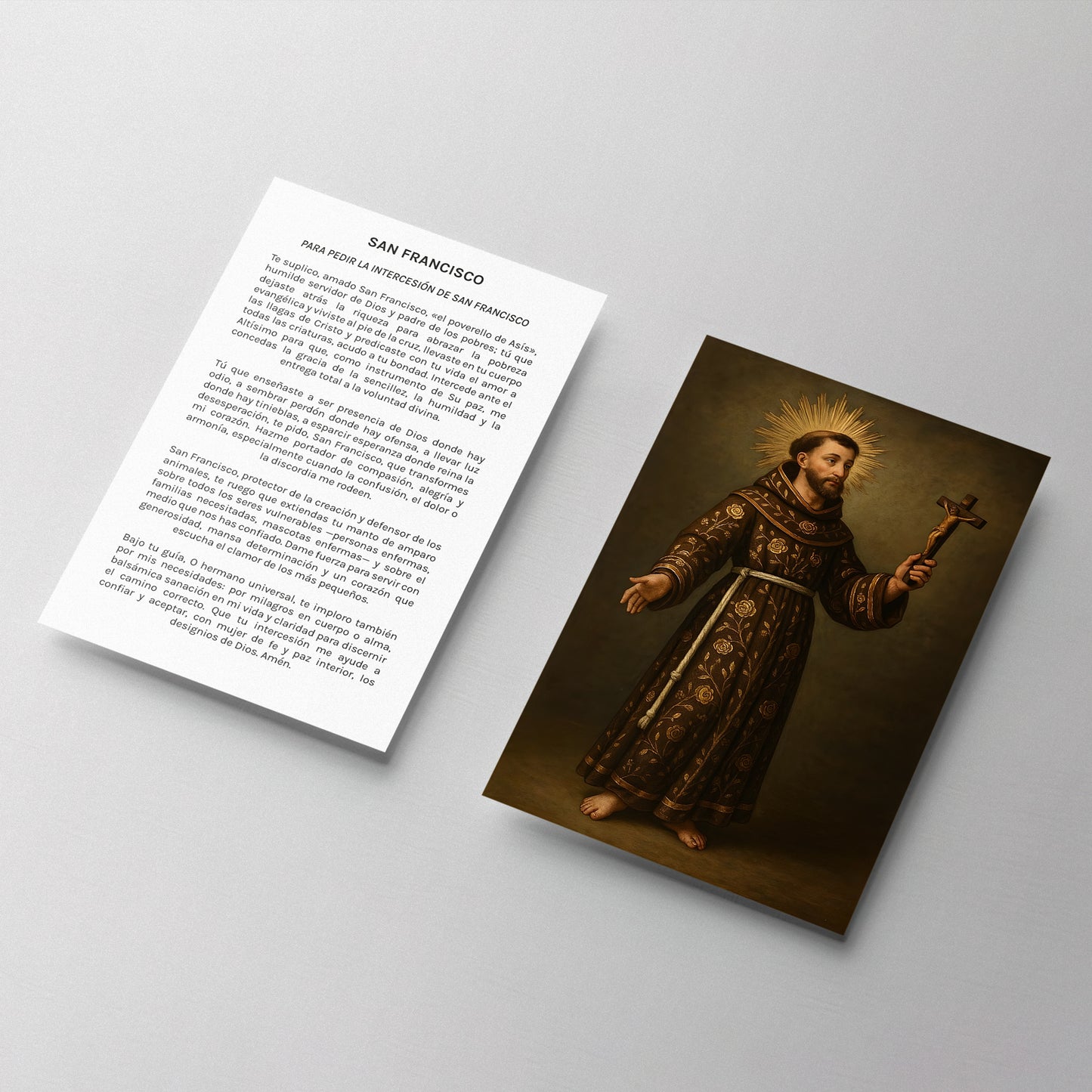 Estampa de San Francisco de Asís en papel resistente con imagen devocional católica y oración impresa. Ideal para uso personal o regalo religioso.