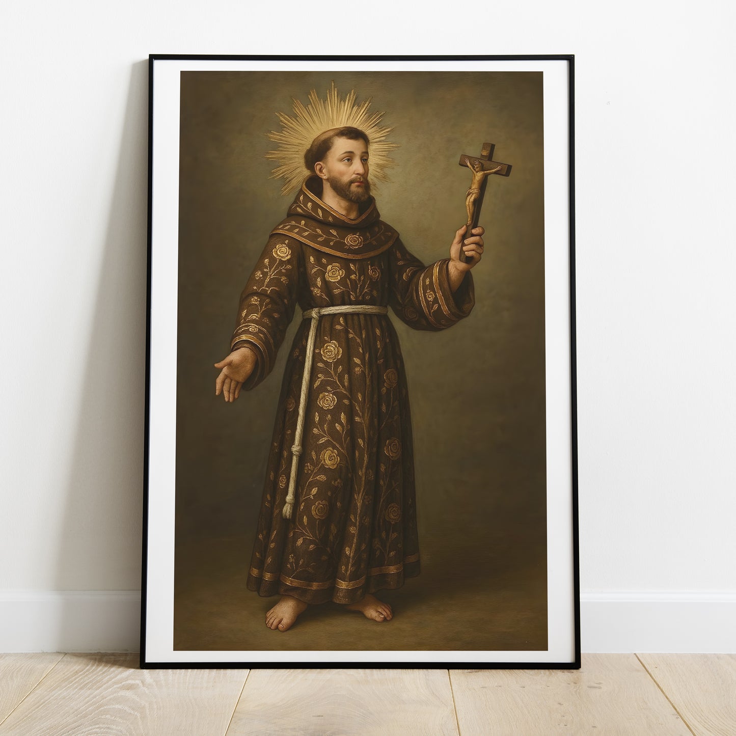 Lámina de San Francisco de Asís con imagen católica de alta calidad para oración, devoción y protección del hogar.
