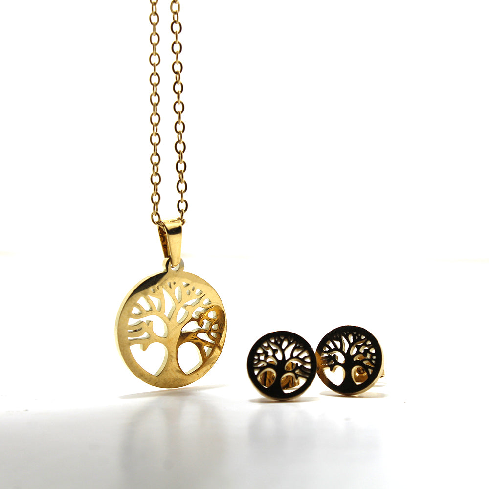 COLGANTE ARBOL DE LA VIDA Y PENDIENTES EN ACERO INOX. DORADO