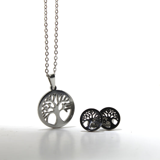 COLGANTE ARBOL DE LA VIDA Y PENDIENTES EN ACERO INOX. PLATEADO