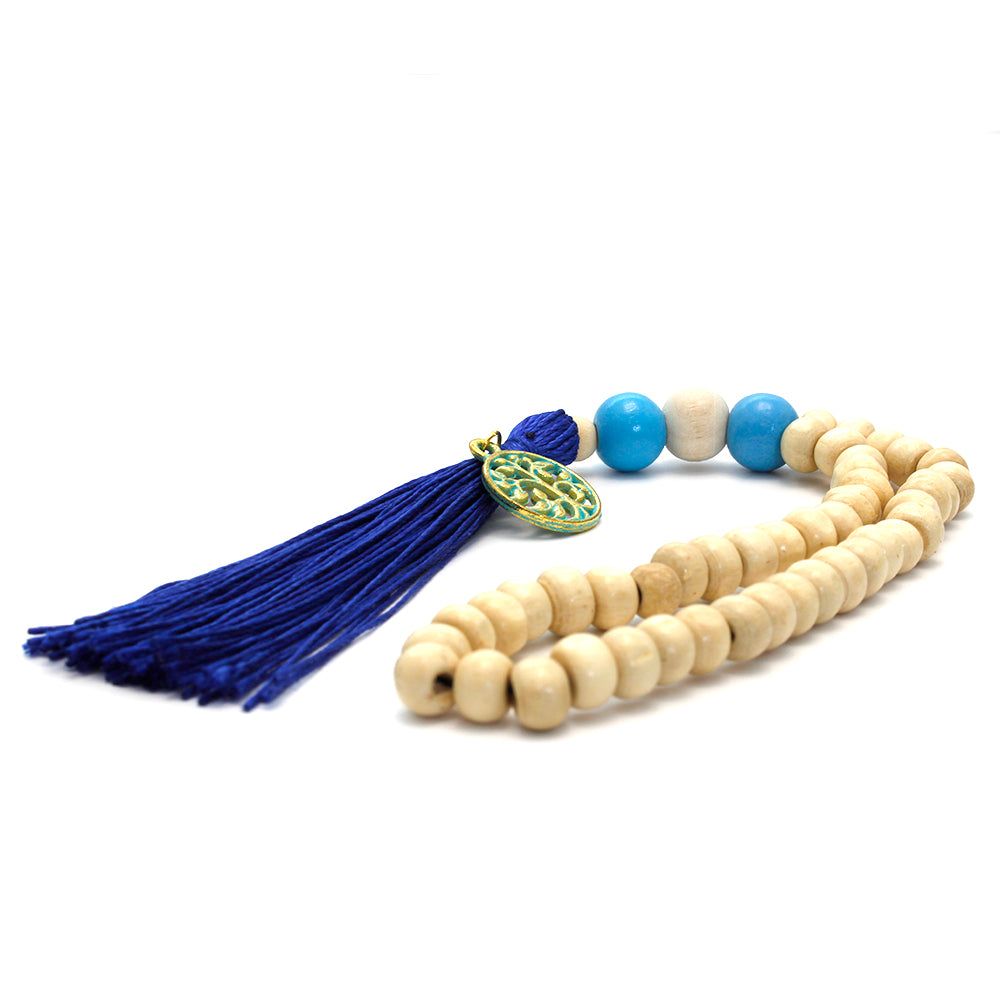 MALA 45 CUENTAS MADERA BEIGE Y BORLÓN AZUL CON ÁRBOL DE LA VIDA