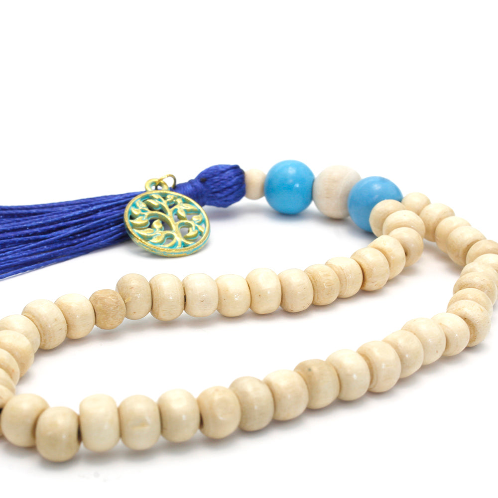 MALA 45 CUENTAS MADERA BEIGE Y BORLÓN AZUL CON ÁRBOL DE LA VIDA