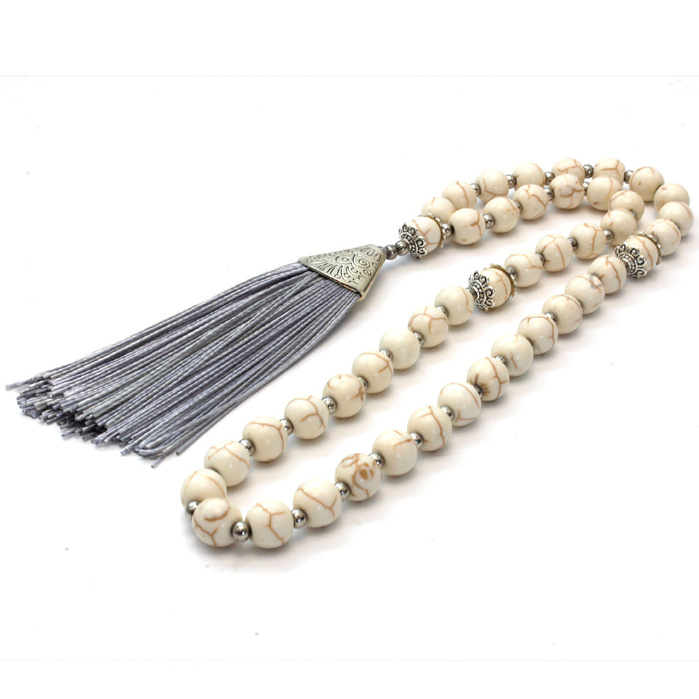 MALA 45 CUENTAS PIEDRA PRECIOSA TURQUESA BLANCA Y BORLÓN GRIS