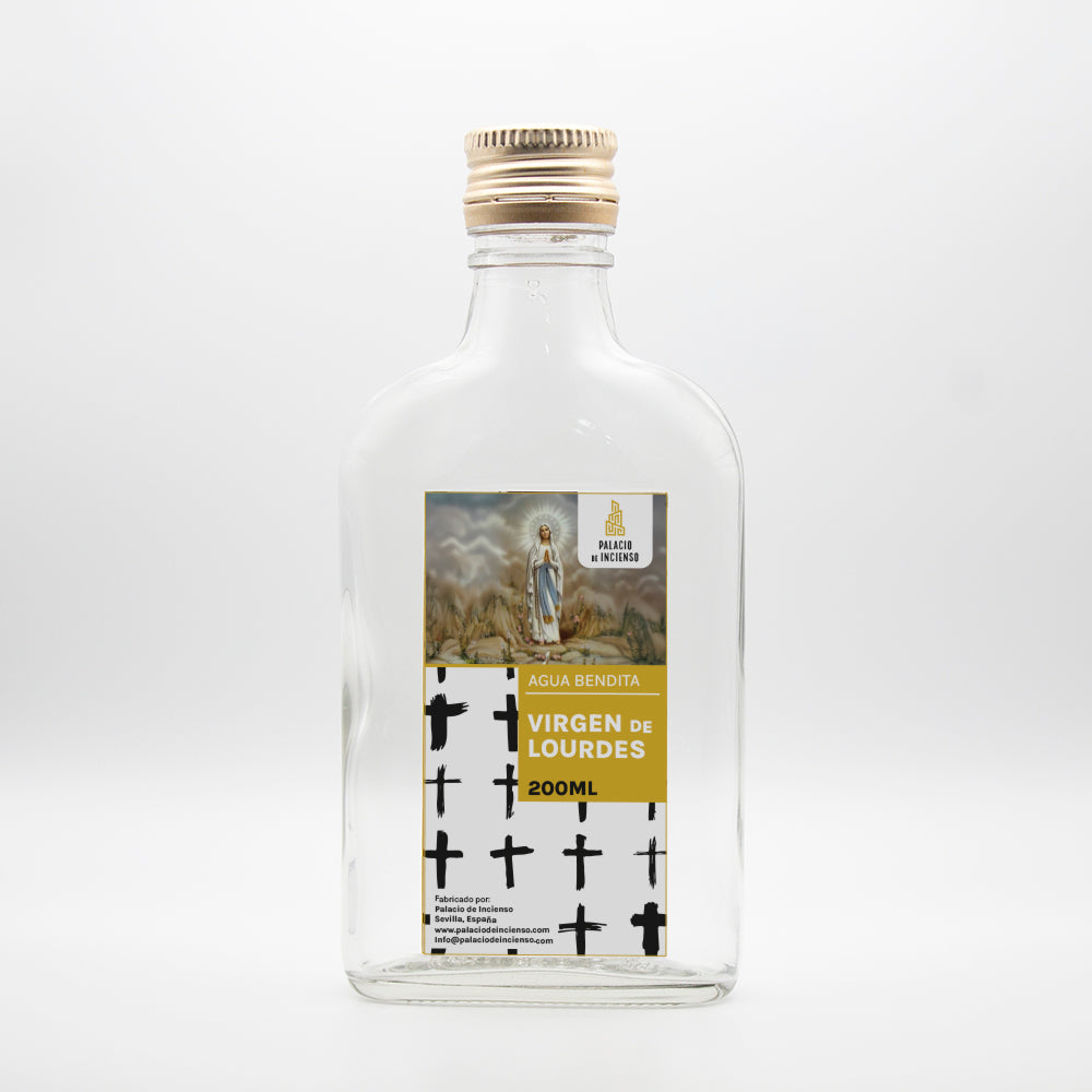 Agua bendita Virgen de Lourdes en frasco transparente para devoción, purificación y conexión espiritual