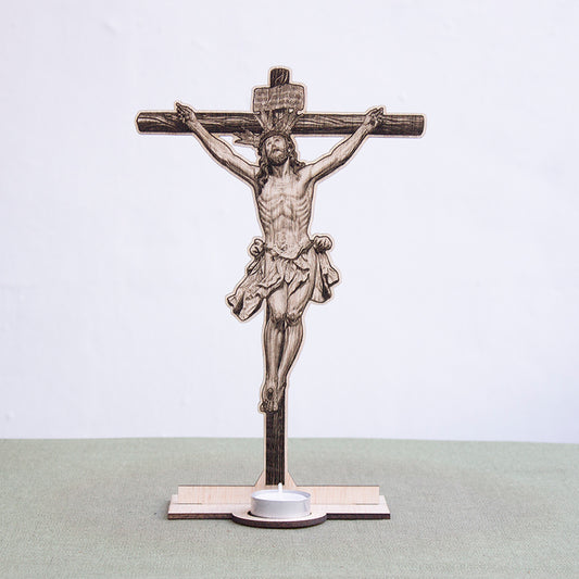 Pequeño altar del Santísimo Cristo de la Expiración El Cachorro en madera grabada con hueco para vela de té.