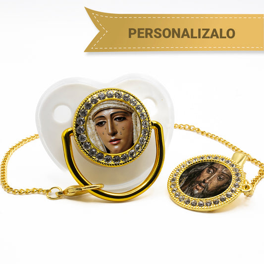 Chupete amuleto personalizable con imágenes de la Virgen María o Cristo, ideal como símbolo religioso y protector