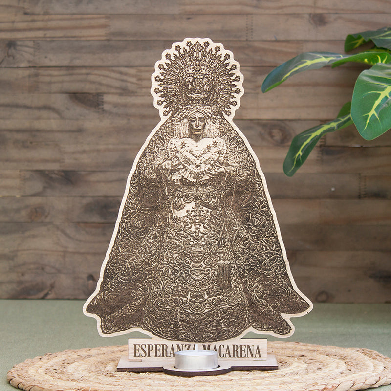 Altar de madera grabado de la Esperanza Macarena con portavela para vela de té.