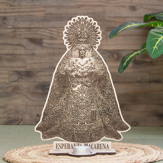 Altar de madera grabado de la Esperanza Macarena con portavela para vela de té.