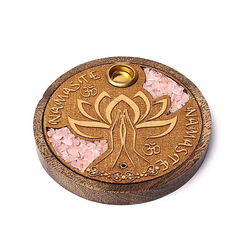 Incensario de madera de mango con símbolo Om, palabra Namaste y chips de cuarzo rosa auténtico para meditación y armonía espiritual
