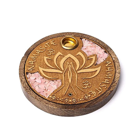 Incensario de madera de mango con símbolo Om, palabra Namaste y chips de cuarzo rosa auténtico para meditación y armonía espiritual