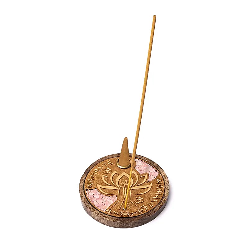 INCENSARIO PARA VARITAS Y CONOS EN MADERA DE MANGO - NAMASTE Y CUARZO ROSA – ENERGÍA AMOROSA