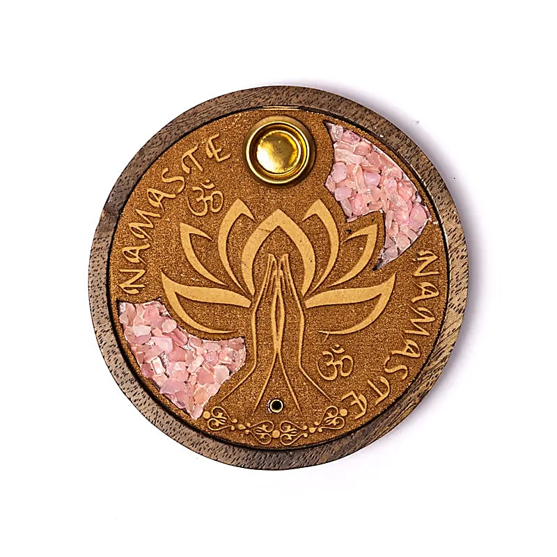 INCENSARIO PARA VARITAS Y CONOS EN MADERA DE MANGO - NAMASTE Y CUARZO ROSA – ENERGÍA AMOROSA