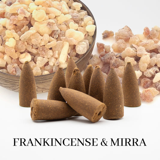 Conos de incienso de reflujo de frankincense y mirra artesanales para meditación y purificación.