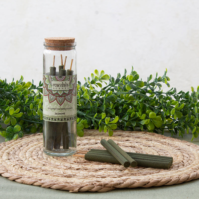 Incienso Jumbo Jazmín Natural en bote de cristal con 10 varitas gruesas.