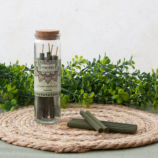 Incienso Jumbo Jazmín Natural en bote de cristal con 10 varitas gruesas.
