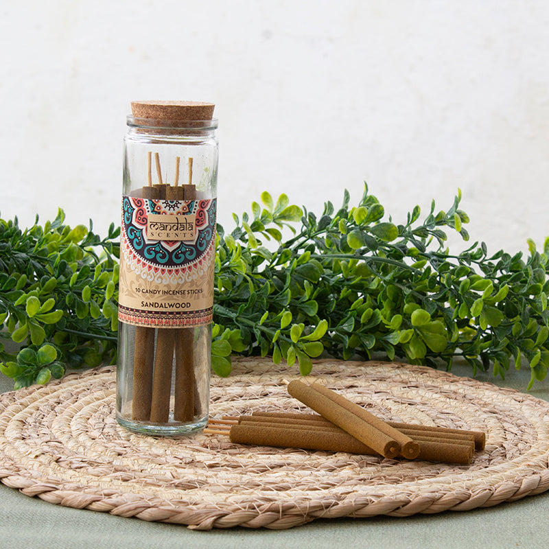 Incienso Jumbo de Sándalo Natural en bote de cristal con 10 varitas gruesas de 15 cm.