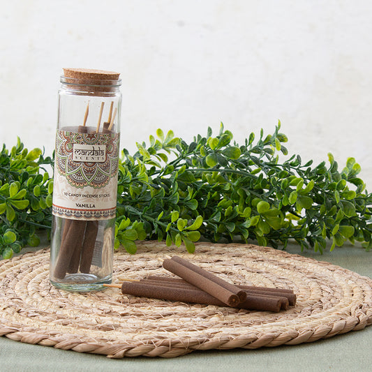 Incienso Jumbo de Vainilla Natural en bote de cristal con 10 varitas gruesas de 15 cm.