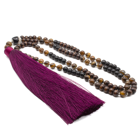 Japa Mala de 108 cuentas con Ojo de Tigre, Ágata y madera, diseño artesanal con borlón morado, ideal para meditación y protección espiritual