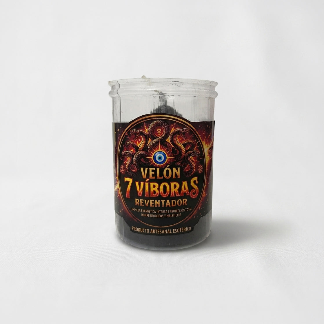 Velón 7 Víboras negro ritualizado para cortar magia negra, limpieza energética y protección espiritual.