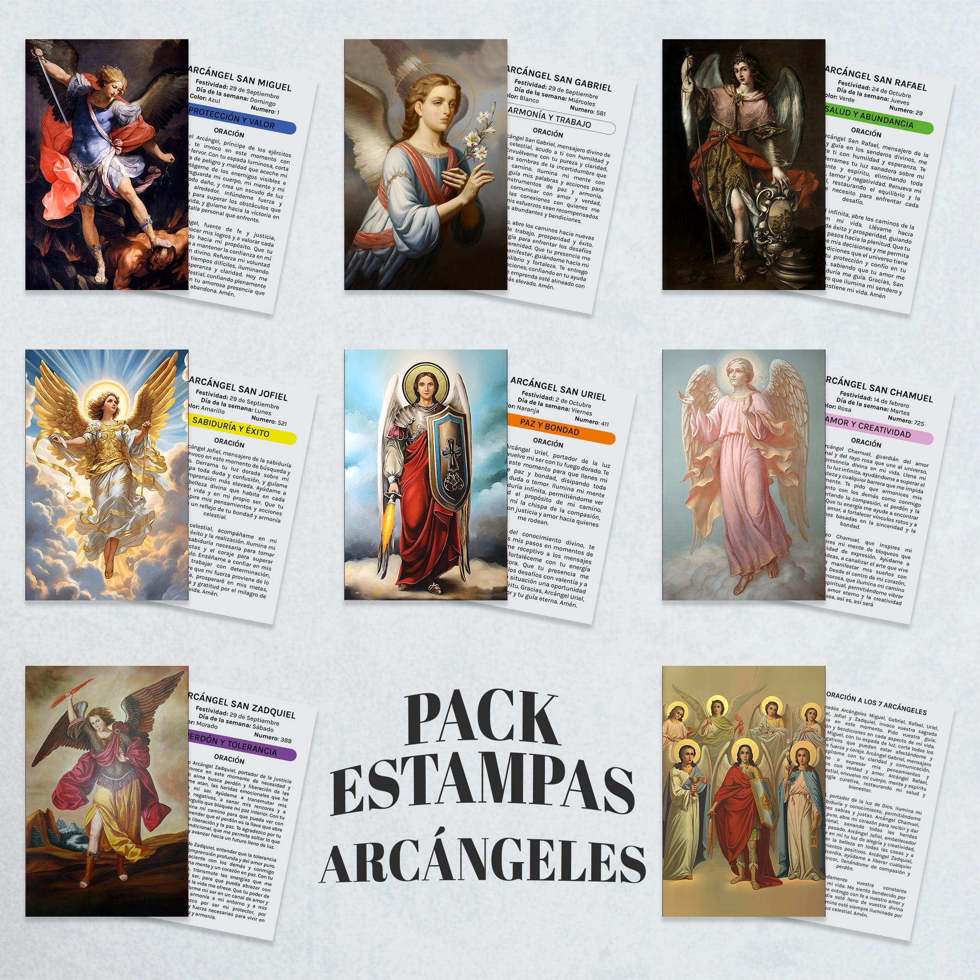 Pack Estampas 7 Arcángeles: 8 estampas de alta calidad con oraciones, colores y días para conexión espiritual