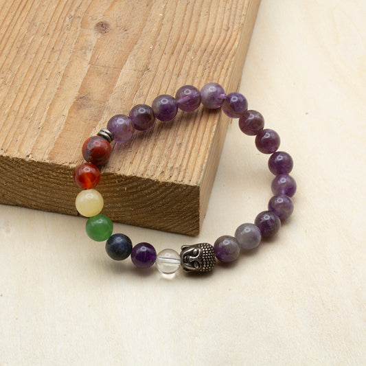 PULSERA 7 CHAKRAS - AMATISTA Y AMULETO BUDA - PROTECCIÓN, PURIFICACIÓN Y ELEVACIÓN ESPIRITUAL