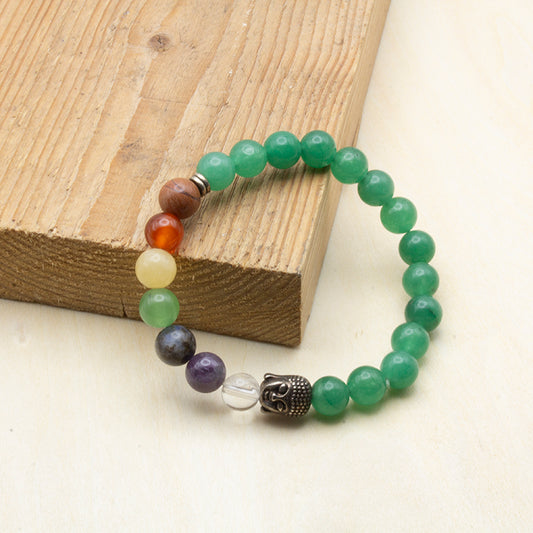 Pulsera piedra aventurina verde con 7 cuentas chakras y amuleto Buda – joya energética de alta calidad para armonía y bienestar