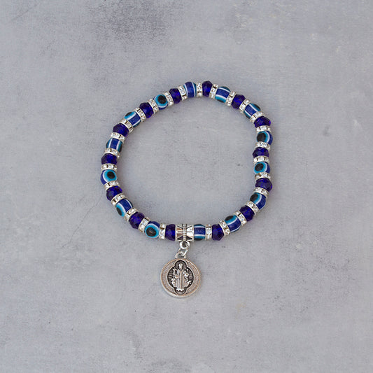 Pulsera con cuentas de ojo turco y amuleto Cruz de San Benito en acero, protección espiritual y energía positiva