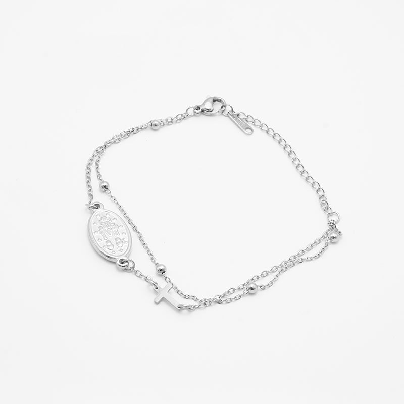 PULSERA VIRGEN DE LA MILAGROSA Y CRUZ CRISTIANA EN ACERO