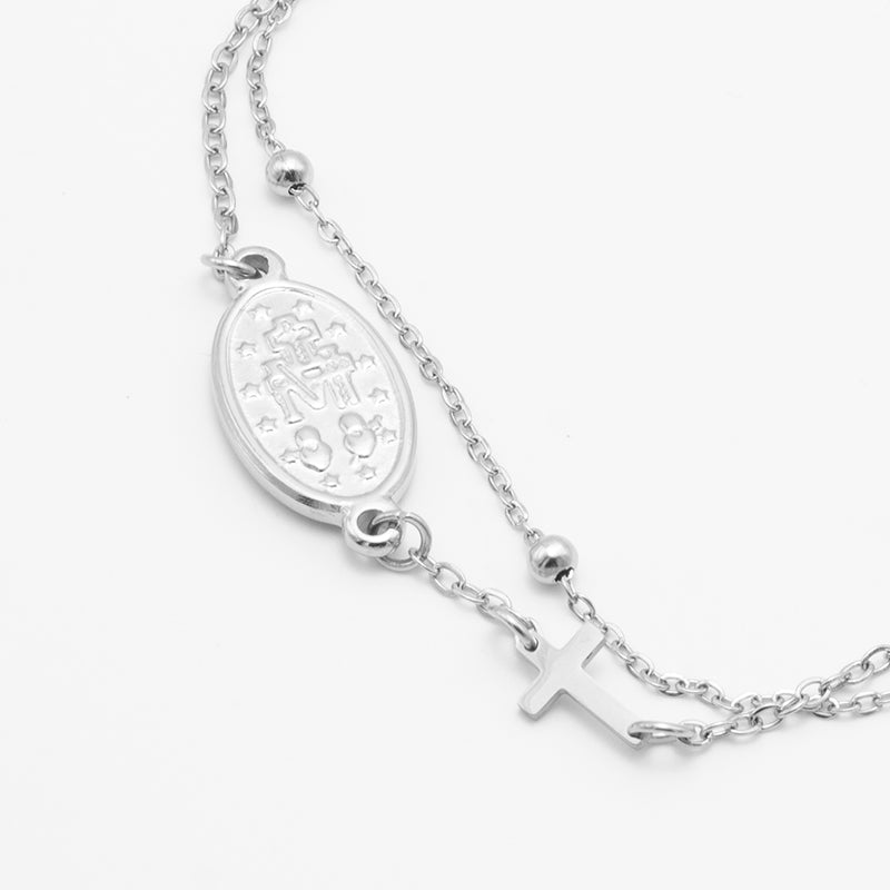PULSERA VIRGEN DE LA MILAGROSA Y CRUZ CRISTIANA EN ACERO