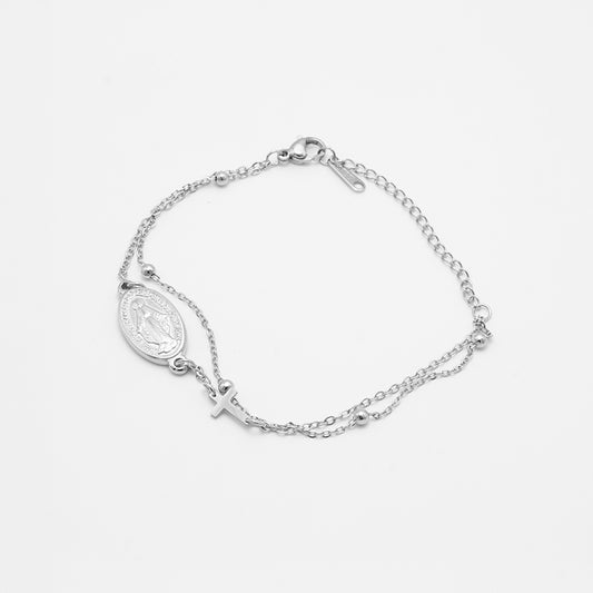 Pulsera Virgen de la Milagrosa de acero inoxidable con medalla y cinco cuentas espirituales