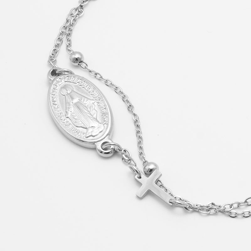 PULSERA VIRGEN DE LA MILAGROSA Y CRUZ CRISTIANA EN ACERO