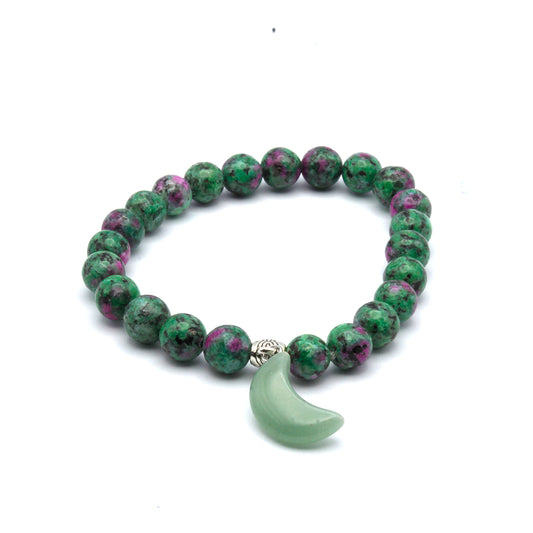 PULSERA CUENTAS DE ZOISITA DE RUBÍ Y LUNA