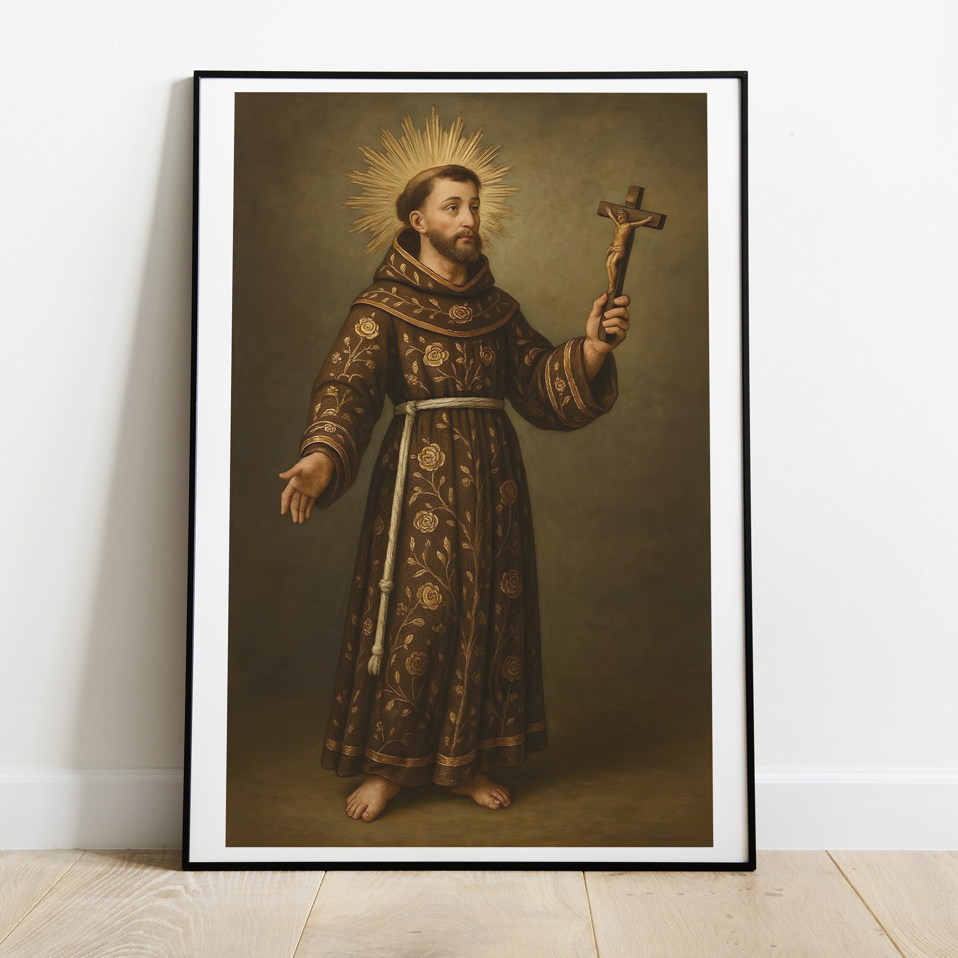 Lámina de San Francisco de Asís con imagen católica de alta calidad para oración, devoción y protección del hogar.