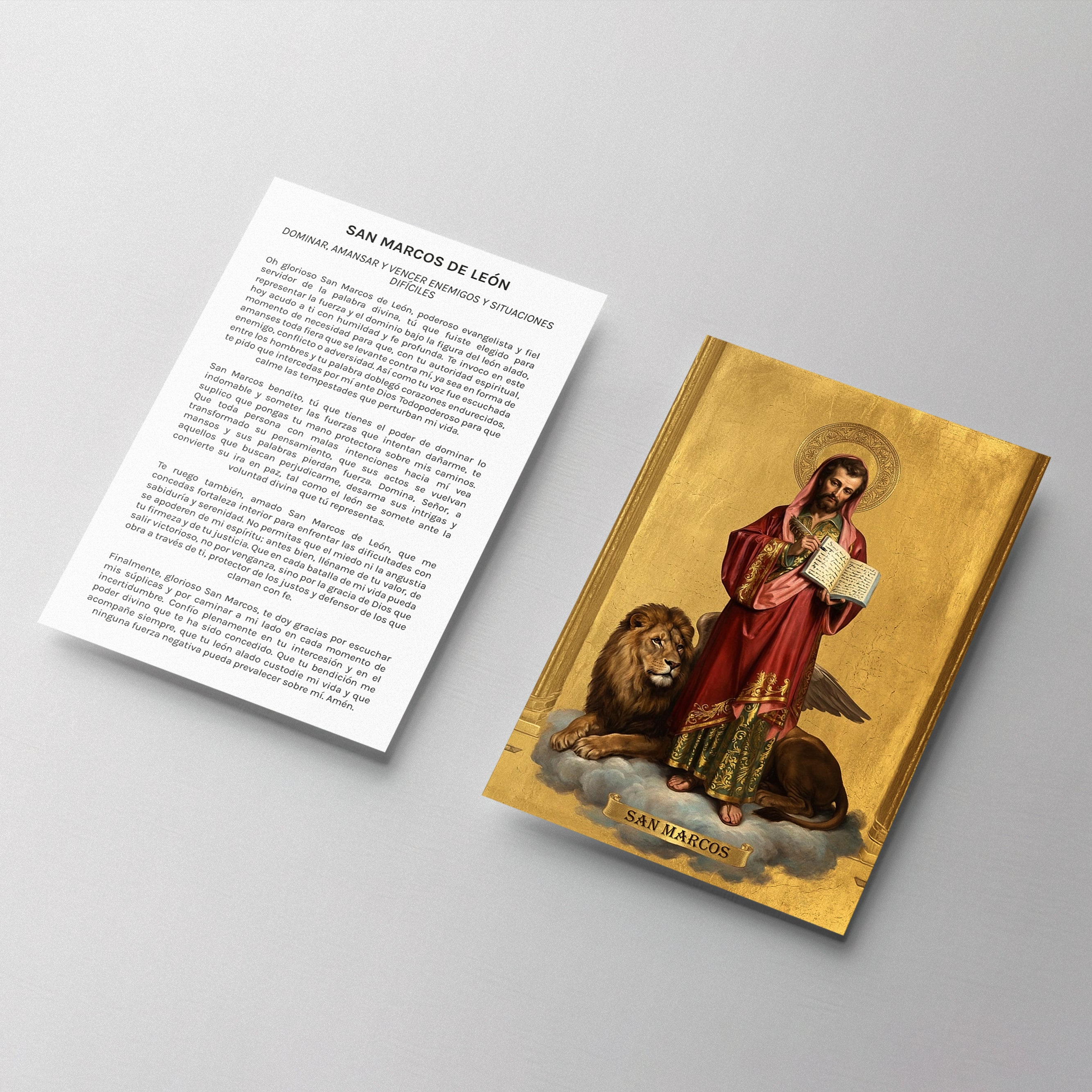 Estampa religiosa de San Marcos de León con león alado símbolo de protección y dominio espiritual