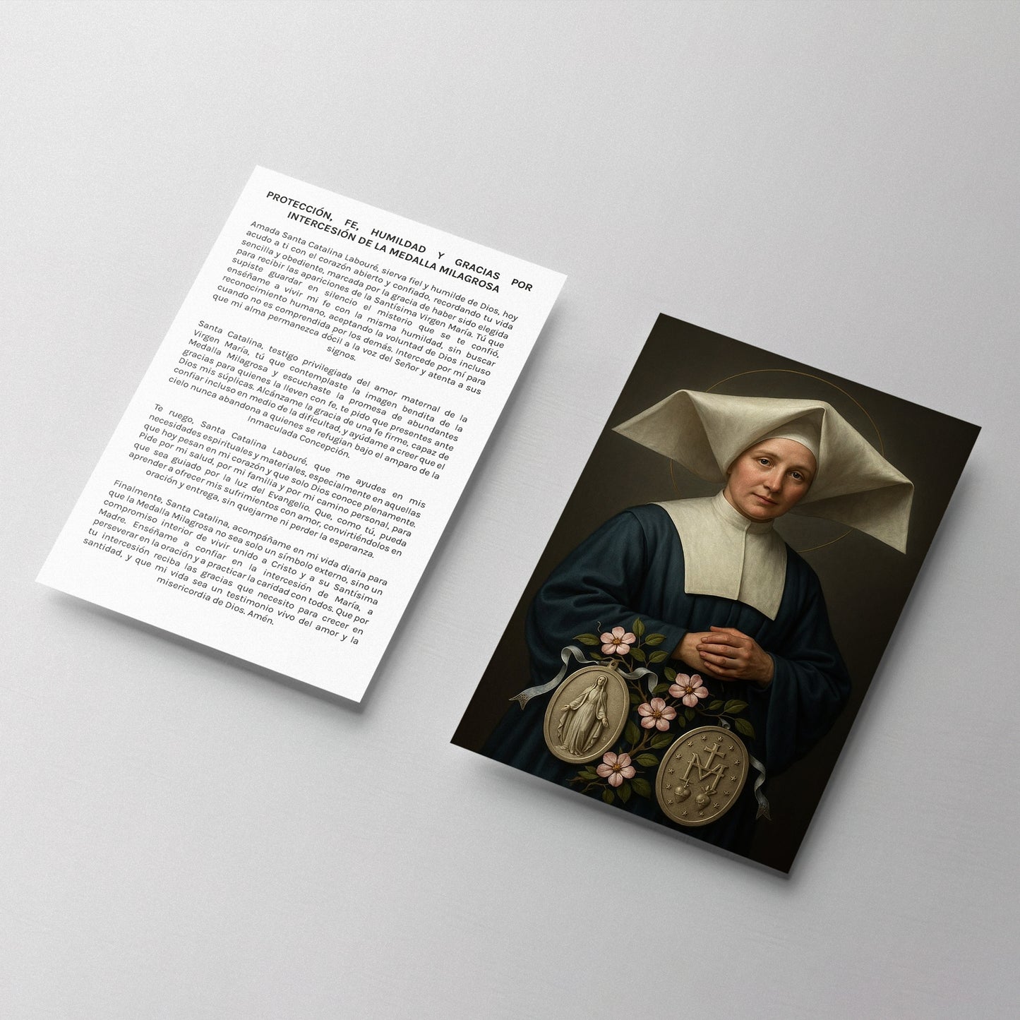 Estampa de Santa Catalina Labouré con iconografía católica y devoción mariana