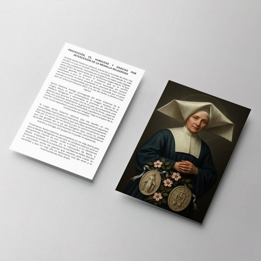Estampa de Santa Catalina Labouré con iconografía católica y devoción mariana